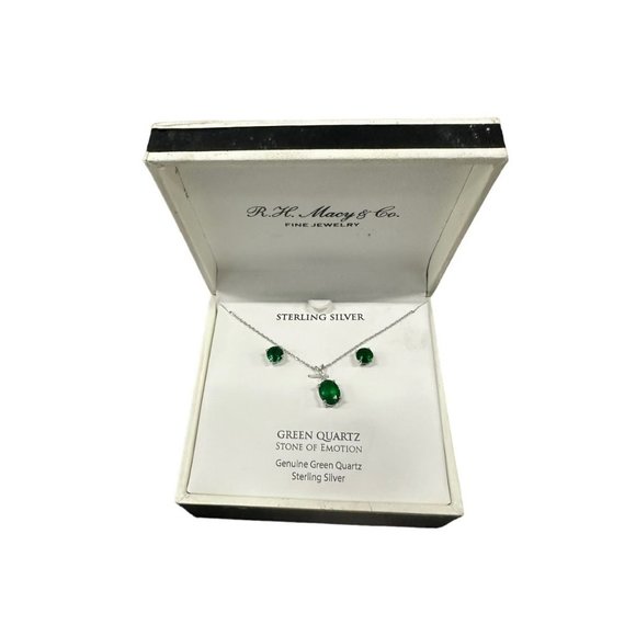 R.H. Macy Jewelry Set Genuine Green Quartz Sterling Silver Necklace and Earrings - Picture 1 of 5